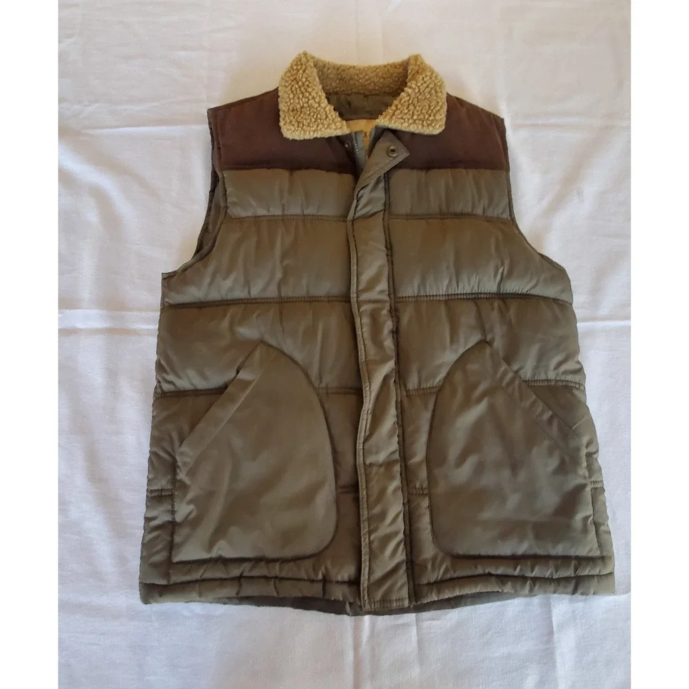 Roebuck &‎ Co Puffer Vest Mens Small Olive Brown Sherpa Collar Corduroy Gorpcore